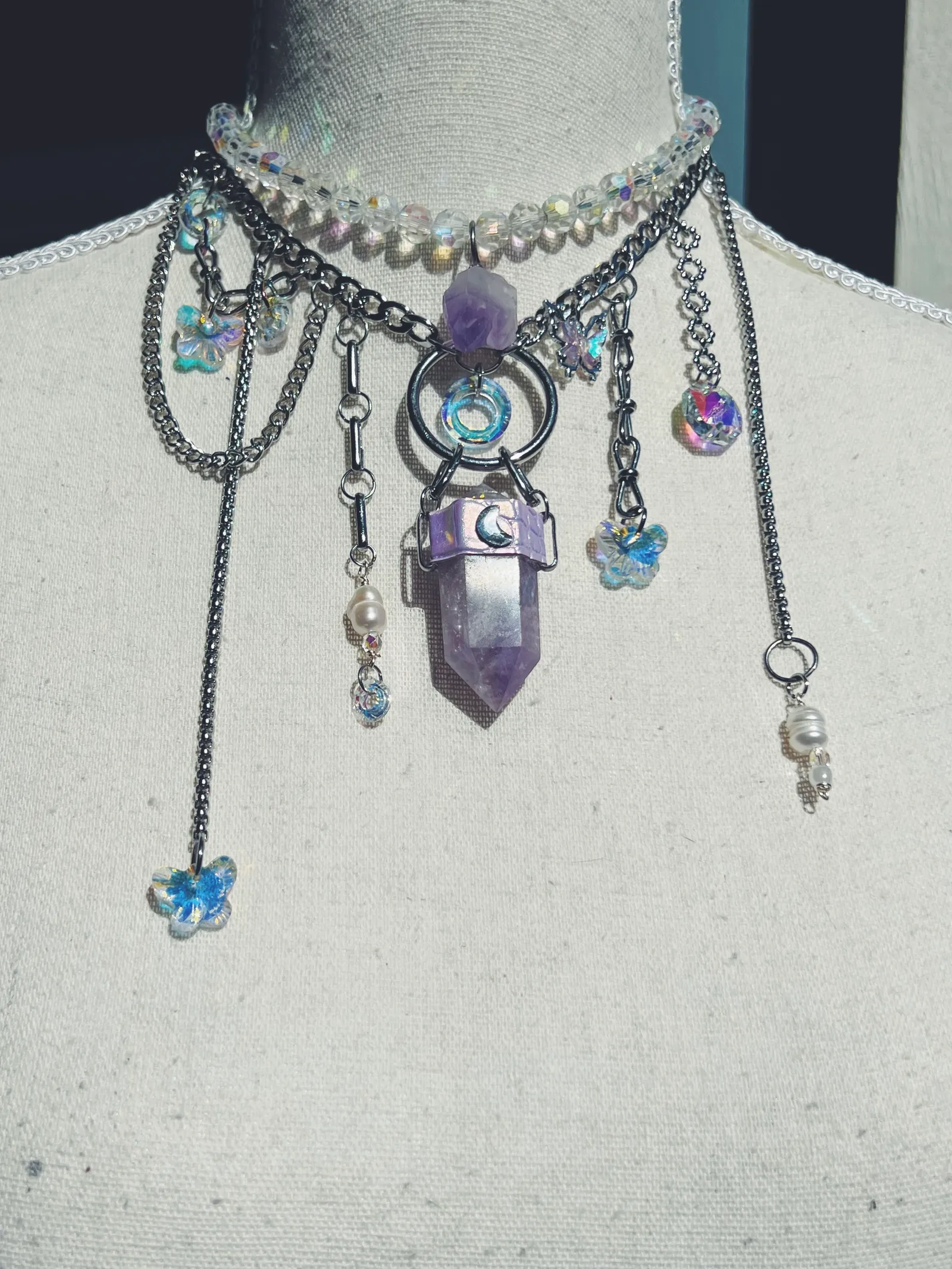 Double Terminated Amethyst Moon Necklace Stack