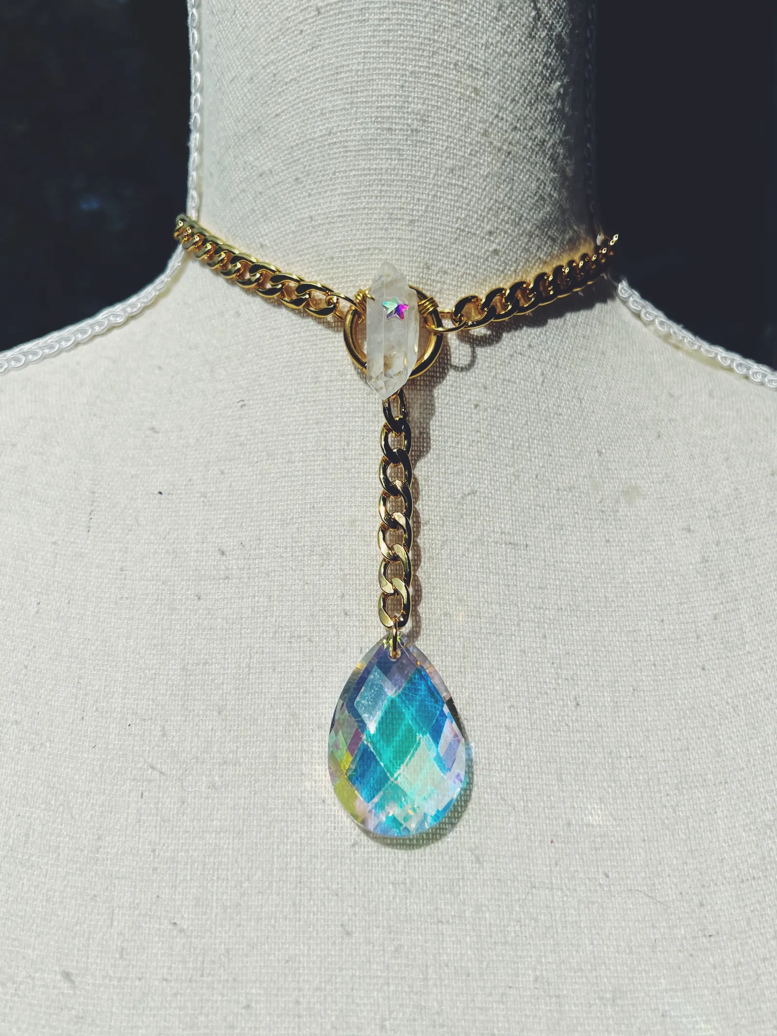 Gold Quartz Holographic Dangle Pendant